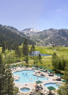 The heated hilltop pool and hot tub complex, open year-round, has 360-degree mountain views.