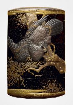 Lacquer inro with hawks perched on pine trees by Joyusai, 1850s, Japan