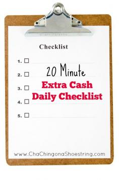
                    
                        Join the 20 Minute Extra Cash Challenge! Use this handy Daily Checklist to find the best ways to earn extra cash online in just minutes each day!
                    
                