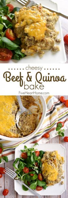
                    
                        Cheesy Beef & Quinoa Bake ~ a simple, wholesome, easy-to-make casserole featuring just a handful of ingredients including ground beef, quinoa, Greek yogurt, and cheddar...perfect for picky eaters and busy weeknights! | FiveHeartHome.com
                    
                
