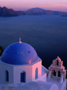 
                    
                        Blue-Domed Church at Sunset, Oia, Santorini Island, Southern Aegean Sea | Amazing Prints and Posters of the World's Most Beautiful Places.
                    
                