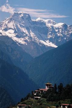 
                    
                        Gasa Dzong Monastery at the shadow of the Himalayas in northern Bhutan
                    
                