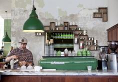 Little Henri | Melbourne I like the green espresso machine and that concrete wall