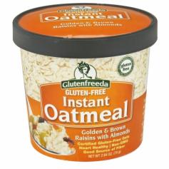 Glutenfreeda certified gluten free. Less than 5 ppm. Certified gluten-free oats. Heart healthy. Non-GMO. Good source of fiber. www. glutenfreedafoods.com. All our oat products are made with the highest quality gluten-free oats, certified gluten-free at less than 5 ppm. We then combined them with wholesome, natural fruits and nuts to provide you with the perfect start to your day. Enjoying a satisfying bowl of Glutenfreeda oatmeal couldn't be more convenient, always genuine, nutritious and delicious. Enjoy it by the packet or now by the cup! Try our other new flavors: Brown Sugar & Flax; Blueberries, Strawberries & Brown Sugar; Cranberry Apple with Walnuts & Cinnamon. Visit us at www. glutenfreedafoods.com. Recommended: Add boiling water to fill line, (2/3 to 3/4 cup). Cover with lid and let stand for 2-3 minutes, stir and enjoy! Microwaving not recommended. Certified Gluten-Free Oats, Brown Cane Sugar, Golden Raisins, Brown Raisins (Glycerine, Sunflower Oil or Canola Oil), Almonds, Ground Flax, Sea Salt. Contains tree nuts. Processed in a facility that also uses dairy (milk), eggs and soy.