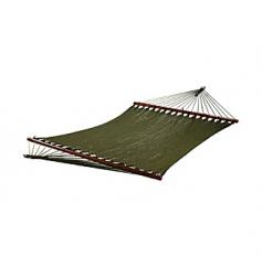 Caribbean-inspired design ideal for warm temps. Sized right for 2 people; 300 lb. weight capacity. Hammock bed measures: 4 ft. 5 in W x 6 ft. 8 in. L. Overall hammock length: 12 feet. Polyester rope hammock bed for superior support. Polyester is resistant to weather damage. Hardwood spread bar for lasting strength. Hanging hardware is not included. Grab your sarong or favorite pair of linen trousers, and prepare yourself for an afternoon that's all about you. The Caribbean Style Rope Hammock is ready to make your old napping habits a thing of the past. With a wide, tightly woven polyester rope bed, this hammock offers excellent support and stability. Polyester is a fabulous choice for a hammock because it's so resistant to the effects of sun, wind and rain exposure. There's room for two on this wide hammock bed so you can both cuddle up for a blissful snooze outdoors. Beautiful hardwood spreader bars create the finishing touch to this Caribbean-inspired hammock. About Algoma Net CompanyHaving been in business for over 100 years, Algoma is proud to present you with a selection of the finest designs in hammocks and other outdoor lifestyle products. The Algoma family of all-American crafted products is recognized for its quality, styling, and value. Their commitment is to continue providing you with the best relaxation products under the sun. You'll love taking a leisurely afternoon nap in this Caribbean-inspired hammock crafted by Algoma Net Company. The two-person suspended resting spot, which accommodates up to 300 pounds, is perfect for the backyard or your next camping trip. It provides a wonderful place to read a book or listen to your favorite tunes. The polyester bed is weather resistant and strong enough to last for many seasons of repeated use. The hammock is equipped with hardwood spreader bars, which add to its overall strength.