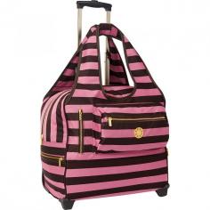 A distinctive bag for overnight travel or the daily commute in a rich black and silver stripe is easy to identify and wont be mistaken for someone elses bag. Product Material: Nylon Product Weight: 6.80 lbs. Bold, black and silver wide stripe accented with gold colored Sydney Love medallion and zippers. A spacious interior lets you pack clothes, shoes, and toiletries for overnight travel or books, papers, files, and electronic devices for your daily commute. Multiple exterior pockets provide plenty of space for all your small stuff and a Velcro, padded computer pocket makes it safe to travel with your laptop or tablet Push-button locking handle system for easy maneuverability Smooth rolling wheels Fully lined with signature polka dot lining