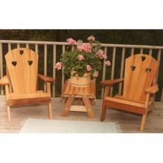 Made from heavy-duty Western red cedar Slatted high back with heart-shaped details adds charm Includes 2 adirondack chairs and 1 end table Chair dimensions: 35L x 30W x 36.5H in. Table dimensions: 29L x 20W x 16H in. The Cedar Country Hearts 3 pc. Adirondack Chairs and Side Table Collection is perfectly coordinated and has a stylish flair. This collection features two chairs and an end table. Perfect for you and your companion to enjoy a relaxed day outdoors this collection scores high on its visual and functional quotient. Its western red cedar construction offers stability and durability. Rounded and sanded edges further enhance its stylish appeal. A slanted backrest deep seating and wide armrests maximize comfort. About Creekvine DesignsBased out of Gibsonia Pennsylvania Creekvine Designs have worked hard for the past 11 years to provide the best in quality products customer service and origination. They specialize in furniture home and garden accessories and leisure industry products. They only use fine hardwoods to create their products so that they can provide the refined high-end merchandise. With superior craftsmanship and personal customer service as their main focus they are sure to supply unsurpassed quality and a helping hand. Please note this product does not ship to Pennsylvania. Create a corner on your porch that's perfect for relaxing and visiting with this Adirondack chair and side table set. The two chairs have deeps seats slanted backrests and wide armrests to keep you and your guest comfortable through hours of visiting. The end table is perfect for holding food and drinks and perhaps even a plant or two. With this set's rounded edges Western red cedar construction and heart shapes on the chairs' backs it's sure to look great on any porch.