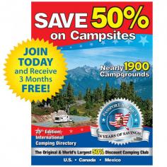 Nearly 1900 campgrounds across the US, Canada, and Mexico are currently participating in the Passport America Program, with new parks joining daily. Although our concept has often been imitated Passport America is still the best value, lowest price, and the World's Largest network of Quality Campgrounds of its kind. With the Passport America membership, members also receive a FREE subscription to RV America magazine. This magazine provides a fresh look within the RV Industry and provides our members with many great features such as Product Highlights, and Recipes from the Road. It also provides members with updates to the current edition of the Passport America International Camping Directory. Good Sam Club members join today and receive 3 months FREE, plus enjoy these benefits: The all-new annual International Camping Directory with over 1,800 campgrounds Personalized 50% Discount Travel CardFree online edition of the RV America magazine published four times a year with travel features and more Free Trip Routing, online campground search 24/7 at passportamerica.com Free lifetime email address and service at: yourname@passportamerica.com Economical rates on MyRVmail.com, Passport America's mail forwarding service Additional member benefits and savings on RV related services Offer available to new enrollments through Camping World channels only.