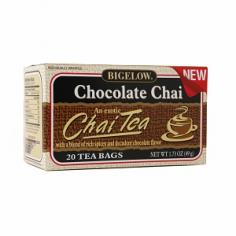 Individually wrapped. An exotic Chai Tea with a blend of rich spices and decadent chocolate flavor. Traditional Chai is served with milk and sweetener. Take your favorite tea wherever you go. Each tea bag is individually wrapped to ensure your full enjoyment. Explore the mystery of chocolate chai. India is a land shrouded in mystery. From the beauty of the Taj Mahal to the markets in New Delhi, it is a country unlike any other in the world. For centuries, the drink of the Maharajas has been equally mysterious - an ambrosia called Chai. Chai is a delightful blend of tea and exotic spices. It is often brewed with milk, which gives Chai a wonderful, creamy characteristic. In Bigelow all natural Chocolate Chai we have added chocolate, offering you a whole new dimension in Chai. To enjoy the authentic Chai experience, just open up our stay-fresh foil packet, brew a cup, add milk, sweetener or honey to bring out the flavor of the spices. For a moment you might just feel like a Maharaja or Maharini. - Eunice & David Bigelow. Bigelow Chocolate Chai - a sure way to please your senses and enchant your taste buds. To see the full complement of Bigelow Teas, tempting recipes and gift ideas, visit bigelowtea.com. Caffeine Meter (Represents average caffeine content; individual products may vary): coffee: 100-120 mg; black tea: 30-60 mg; green tea: 25-50 mg; decaf tea: 1-8 mg; herb tea: 0 mg. Tea is a gluten-free beverage. Satisfaction guaranteed. Bigelow is pleased to share the fact that this box, bag, string and tag are made from sustainable (renewable) resources and are 100% biodegradable. Blended and packaged in the USA. Authentic Method: For each 8 oz cup, place one tea bag in a saucepan with 3/4 cup water (6 fl oz) and 1/4 cup of milk (2 fl oz). Bring to a rolling boil, lower heat and simmer 4 minutes. Pour into cup(s) and sweeten with sugar or honey. Traditional Indian Chai is served quite sweet. Quick Method: Pour boiling water over one tea bag in a 6-8 oz cup or mug. Allow to steep 4 minutes. Add a dollop of milk and sweeten to taste. For iced chai, prepare product hot with milk and sweetener - then pour over ice. Black Tea, Low-Fat Alkalized Cocoa Powder, Spices, Natural Dark Chocolate Flavors with other Natural Flavors.