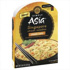 Pre-cooked thin rice noodles & sauce with vegetables. No artificial flavors. Ready in 3 minutes. Microwaveable. Gluten free. Come on a flavor journey to Singapore, where street food vendors prepare an array of mouth-watering dishes from all over the Far East. Inspired by this melting pot cuisine, we bring you tender-cooked thin rice noodles with Classic Curry sauce made with creamy coconut milk and a fragrant spice blend of turmeric, cumin and chillies. At home or on-the-go, Simply Asia Singapore Street Noodle Bowls will satisfy your Asian cravings in minutes. Simply Asia is real Asian. Real fast. Each Bowl Includes: Tender-cooked Asian rice noodles; classic curry sauce; vegetable packet. For delicious recipes visit: simplyasia.com. Product of China. Stir-in Ideas: cooked shrimp or chicken; bean sprouts; chopped cilantro or basil. Cooking: 1. Carefully remove lid and packets. Empty contents of noodle & vegetable packets into tray. Pour sauce over noodles. Add 2 tbsp of water. Cover loosely with lid. 2. Microwave on high 2 minutes. Let stand in microwave for 1 minute. 3. Remove lid carefully. Mix well. Enjoy! Microwave ovens vary; cooking times may need to be adjusted. Caution: Tray & contents will be hot after cooking. Do not use if shrink wrap is broken or missing. Noodle: Water, Rice, Potato Starch, Lactic Acid, Amylase. Sauce: Water, Coconut Cream (Coconut, Xanthan Gum, Guar Gum, Carrageenan), Sugar, Onion, Coconut Milk Powder (Extractives of Coconut, Corn Maltodextrin, Sodium Caseinate {Milk}), Soybean Oil, Red Curry Paste (Red Chili Pepper, Garlic, Lemon Grass, Salt, Shallot, Galangal, Shrimp Paste {Shrimp, Salt}, Kaffir Lime, Pepper), Sea Salt, Lemon, Curry Powder (Including Turmeric, Chili Pepper, Spices, Garlic, Vanilla), Garlic, Citric Acid, Glucono-Delta Lactone (Acidulant), and Xanthan Gum. Vegetable Packet: Carrot and Green Onion. Contains: soy, milk, shrimp.