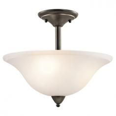 Elegant transitional-style ceiling light. Constructed of steel in a variety of finishes. Bowl-shaped satin etched glass shade. Accommodates (3) 100W medium base bulbs (not included). Overall dimensions: 16W x 13.25H inches. Make your favorite room more cozy and welcoming, with the Kichler Nicholson 42879 Semi-Flush - 16 in. Simple in design, this lighting accessory maybe what your modern home needs. Minimally adorned, it features a sleek steel frame that's covered in an attractive finish. Apart from looks, this three-bulb lighting accessory is perfect for illuminating hallways or bedrooms. Its elegant diffuser, made of etched glass, suffuses your space with brilliant radiance. Kichler QualitySince 1938, Cleveland-based Kichler Lighting has been known for their innovative designs and excellent craftsmanship. Kichler is the world's leading decorative lighting fixture company and the winner of four ARTS Lighting Manufacturer of the Year awards. Kichler designers travel the world to discover the latest trends in exterior and interior style, colors, and designs. They then translate the best of those trends into fixtures that will bring beauty, pleasure, and light into your home. Kichler fixtures stand the test of time and are functional works of art that you're sure to treasure. Color: Olde Bronze.