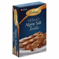 All natural. Roland Alpine Salt Twists are puff pastry crisps baked with the perfect balance of rich creamy butter and the enlivening flavor of salt harvested from the Swiss Alps. Imported from Switzerland, these buttery twists have a delicate fresh baked taste and decadent richness from fresh butter and a blend of the finest ingredients. Enjoy Roland Alpine Salt Twists alone as a snack or serve with dips, bruschetta, salsa, wrap a wide variety of cold cuts like prosciutto for an elegant hors d'oeuvre, or serve as an accompaniment to salads or soups. Visit us at www. rolandfood.com. Product of Switzerland. Keep in a cool and dry place. Wheat Flour, Butter, Skimmed Milk Powder, Alpine Salt, Yeast, Barley Malt Flour, Sugar.