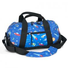 3.2.1.Blast off! Kids will go into orbit over our Out Of This World Kids Duffel Bag! This stellar duffel's roomy interior and zippered pocket are ideal for little ones to tote around their books, art supplies, toys, snacks and more! Our duffel bags are specially sized for preschoolers (ages 3+), and feature a detachable padded shoulder strap, 2 handles, and a simple zipper closure pocket. These dazzling duffel bags are perfect for school, camping trips, or weekends at Grandma's house. Features: Moisture-resistant interior nylon lining Detachable padded shoulder strap Spacious interior Exterior zippered compartment Great for sleepovers, camp, sports practice, and travel Embroidery friendly 18in. x 9in. x 9in. Recommended Ages 3+ One-year manufacturer's warranty against defects - normal wear-and-tear, and misuse excluded. Rigorously tested to ensure that all parts are lead-safe, bpa-free, phthalate-free, and conform to all rules and regulations set forth by the Consumer Products Safety Information Act. Designer: Olive Kids for Wildkin Shipping Time: Ships out in 1 to 2 business days.