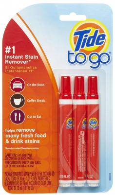 Save the moment with Tide to Go the instant stain remover that helps eliminate many fresh food and drink stains. Best of all Tide to Go travels easily to stop stains on the spot. How it works1. Remove excess residue from the stain.2. Press the tip onto the stain several times to release some stain remover solution onto the stain.3. Rub tip gently across the stain to remove it. When necessary add more liquid and continue rubbing gently.4. Important If treated area will be exposed to direct sunlight wipe with a damp cloth or napkin to remove excess solution left on fabric. For tough stains place a paper towel under the stain while treating or wipe excess liquid or residue away with a damp paper towel or reapply as necessary.