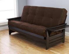 Sit on this futon and enjoy the plush feel of the eight-inch foam mattress, which features innerspring coils for increased comfort and is wrapped with suede for a soft feel. Use this multipurpose futon as a cozy bed, or for additional seating while guests are visiting. Featuring adjustable tray-style arms, this futon provides space to rest your arms or place food and drinks. Made with durable solid hardwood, this futon offers long-lasting reliability. Available with multiple choices of fabric colors