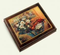 A truly inspiring touch to an elegant hand crafted keepsake. We are proud to feature items of such style and grace synonymous with the Ercolano brand. This beautiful handmade Italian music box is constructed with the utmost precision using only the finest materials. Composed of solid burlwalnut and rosewood, quality radiates from every aspect complimented. This elegant and artistic music jewelry box features notable work from the renowned artist Lena Liu. Lena Liu gives onlookers not one, but two works of art to enjoy. "Swan Melody" is actually a painting within a painting. A beautiful dance from Swan Lake is displayed on the wall, where an ethereal swan sets the mood for this dreamy ballet. The tiny ballerinas seem to float as they pirouette gracefully among the swan's soft, white feathers. As the dancers intertwine with the delicate feathers of the swan's wings, they become one with its shadowy contour. A bouquet of soft white magnolias mirrors the swan's beauty, each petal gracefully curved like the tulle skirts of the ballerina. An exquisite violin is placed on a soft, colorful shawl by the loving hands of a musician. Nearby, a quill, still wet with ink, indicates a work in progress. A still-life of rare beauty and grace, "Swan Melody" is sure to be cherished for generations. This food for the eyes is all complimented by the wonders of sound with a precision mechanical movement, sure to bright anyone's day. With over 380+ tunes available, you're sure to find that perfect melody. Please see "item options" for available tunes or visit our "listening station" for all song titles as well as sample clips. Thank you very much for your interest in our products! Your satisfaction is always guaranteed at the Attic! Dimensions: Length - 7.50" Width - 6.25" Height - 2.5