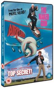 Three popular spoof comedies. In 'The Naked Gun' (1988), bungling Los Angeles police lieutenant Frank Drebin (Leslie Nielsen) is investigating potential drug smuggler Vincent Ludwig (Ricardo Montalban) when he falls for the magnate's attractive secretary Jane Spencer (Priscilla Presley). However, the pair's budding romance is placed in jeopardy when Frank's boss (George Kennedy) tells him that an assassination attempt is being planned on the visiting Queen of England - and it is up to the inept Frank to prevent it. In 'Airplane!' (1980), former fighter pilot Ted Striker (Robert Hays) hasn't flown since the war, when an error of judgement on his part led to the decimation of his squadron. Now he has a drink problem (he keeps missing his mouth) and his girlfriend, air hostess Elaine Dickinson (Julie Hagerty), has walked out on him. Desperate to get her back, Ted follows her onto her next flight which goes horribly wrong when the entire cabin crew succumb to food poisoning mid-air. Aided by Elaine, the unflappable Doctor Rumack (Nielsen) and his former nemesis Rex Kramer (Robert Stack) back at air control, Ted makes a valiant effort to fly the plane to safety. But has he still got what it takes? Finally, in 'Top Secret' (1984), Val Kilmer plays Nick Rivers, a rock 'n' roll singer on tour in East Germany who has a chance meeting with Hillary Flammond (Lucy Gutteridge), and agrees to help free her imprisoned scientist father (Michael Gough). Before he knows it, he's joined the French resistance and is attempting to thwart a Communist takeover of the West.
