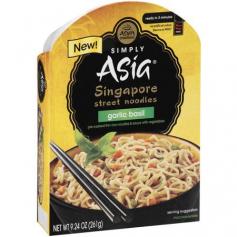 Pre-cooked thin rice noodles & sauce with vegetables. No artificial flavors. Ready in 3 minutes. Microwaveable. Gluten free. Come on a flavor journey to Singapore, where street food vendors prepare an array of mouth-watering dishes from all over the Far East. Inspired by this melting pot cuisine, we bring you tender-cooked thin rice noodles with Garlic Basil sauce made with Thai basil leaves, garlic and green curry paste and an aromatic blend of sesame oil, rice wine and soy sauce. At home or on-the-go, Simply Asia Singapore Street Noodle Bowls will satisfy your Asian cravings in minutes. Simply Asia is real Asian. Real fast. Each Bowl Includes: Tender-cooked Asian rice noodles; garlic basil sauce; vegetable packet. For delicious recipes visit: simplyasia.com. Product of China. Stir-in Ideas: cooked chicken, beef or shrimp; chopped peanuts; chopped Thai basil. Cooking: 1. Carefully remove lid and packets. Empty contents of noodle & vegetable packets into tray. Pour sauce over noodles. Add 2 tbsp of water. Cover loosely with lid. 2. Microwave on high 2 minutes. Let stand in microwave for 1 minute. 3. Remove lid carefully. Mix well. Enjoy! Microwave ovens vary; cooking times may need to be adjusted. Caution: Tray & contents will be hot after cooking. Do not use if shrink wrap is broken or missing. Noodle: Water, Rice, Potato Starch, Lactic Acid, Amylase. Sauce: Water, Sugar, Soy Sauce (Water, Salt, Soybean), Basil, Sesame Oil, Garlic, Ginger, Rice Wine, Modified Tapioca Starch, Chili Pepper Paste (Chili Pepper, Salt), Green Curry Paste (Green Chili Pepper, Lemon Grass, Garlic, Salt, Galangal, Shrimp Paste, Kaffir Lime, Coriander, Pepper, Cumin, Turmeric), Glucono-Delta Lactone {Acidulant}, Sea Salt, Yeast Extract, Caramel Color, Citric Acid, Paprika, and Xanthan Gum. Vegetable Packet: Carrot, Green Onion. Contains: soy, shrimp.