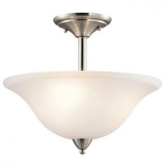 Elegant transitional-style ceiling light. Constructed of steel in a variety of finishes. Bowl-shaped satin etched glass shade. Accommodates (3) 100W medium base bulbs (not included). Overall dimensions: 16W x 13.25H inches. Make your favorite room more cozy and welcoming, with the Kichler Nicholson 42879 Semi-Flush - 16 in. Simple in design, this lighting accessory maybe what your modern home needs. Minimally adorned, it features a sleek steel frame that's covered in an attractive finish. Apart from looks, this three-bulb lighting accessory is perfect for illuminating hallways or bedrooms. Its elegant diffuser, made of etched glass, suffuses your space with brilliant radiance. Kichler QualitySince 1938, Cleveland-based Kichler Lighting has been known for their innovative designs and excellent craftsmanship. Kichler is the world's leading decorative lighting fixture company and the winner of four ARTS Lighting Manufacturer of the Year awards. Kichler designers travel the world to discover the latest trends in exterior and interior style, colors, and designs. They then translate the best of those trends into fixtures that will bring beauty, pleasure, and light into your home. Kichler fixtures stand the test of time and are functional works of art that you're sure to treasure. Color: Brushed Nickel.