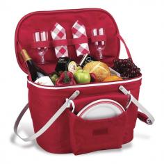 Made of 600D poly-canvas material. Lightweight and durable aluminum frame. Zippered lid, front patch pocket, and swivel handles. Available in a variety of colors. Dimensions: 11W x 6D x 19H in. Enhance the experience of a romantic outing for two with the Collapsible Insulated Picnic Basket Set for 2. Your food or drinks remain at a desired temperature inside the Thermal Shield insulated basket. It's packed with essential items, like plates, glasses, and napkins. Designed in the U.S, this durable basket is made of 600D polycanvas with a food-safe, leak-proof PEVA lining. A built-in, lightweight aluminum frame and handles with padded grips make it easy to carry around. Because it's collapsible, it's easy to store too. About Picnic at AscotDay or evening, beachside or backyard, picnics are a favorite event. By introducing Americans to the British tradition of upmarket picnics over a decade ago, Picnic at Ascot created a niche for picnic products combining British sophistication with an American fervor for excitement and exploration. Known as an industry leader in the outdoor gift market, Picnic at Ascot houses a design staff dedicated to preserving the prized designs and premium craftsmanship signature to the company. Their exclusive products are carried only by selective merchants. Picnic at Ascot provides quality products that meet the demands of today, yet reflect classic picnic style. Color: Red.