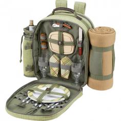 Made of designer cotton tweed fabric with canvas accents Olive green color Features adjustable shoulder strap for comfort Comes with insulated detachable wine pouch Includes blanket fork cutting board knife etc. Dimensions: 22W x 6.5D x 15.5H in. Combination of cotton tweed and canvas gives the Picnic At Ascot Hamptons Backpack with Picnic Blanket for 2 - Olive Green a sophisticated appeal. This backpack designed in the U.S.A. includes all essentials for a fun picnic like a corkscrew hardwood cutting board with juice groove cheese knife wooden salt and pepper shakers with non-spill tops acrylic wine glasses melamine plates stainless steel flatware cotton napkins and a fleece blanket. Because it has Thermal Shield insulation this bag keeps food or drinks at a desired temperature. The soft fleece blanket in a detachable case makes any outing more intimate. Its ergonomic design with comfortable straps makes carrying it on trips easier. About Picnic at AscotDay or evening beachside or backyard picnics are a favorite event. By introducing Americans to the British tradition of upmarket picnics over a decade ago Picnic at Ascot created a niche for picnic products combining British sophistication with an American fervor for excitement and exploration. Known as an industry leader in the outdoor gift market Picnic at Ascot houses a design staff dedicated to preserving the prized designs and premium craftsmanship signature to the company. Their exclusive products are carried only by selective merchants. Picnic at Ascot provides quality products that meet the demands of today yet reflect classic picnic style.