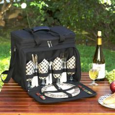 Made of 600 denier poly-canvas and cotton in black. Zippered closure to secure your things. Made in the U.S.A. Features adjustable shoulder strap and carrying handle. Dimensions: 14.5W x 10.5D x 12.5H in. Sleek and stylish, the London Insulated Picnic Cooler Set for 4 is perfect for carrying food and drink for four people. Designed in the U.S, it's made of 600D canvas-cotton for durability. Inside, the Thermal Shield insulated cooler is divided to ensure both food and drink stay at a desired temperature. Because it's leak-proof, the cooler can be used for longer duration. There's a front zippered pocket that holds the included items like cheese knife, melamine plates, napkins, and non-spill salt-n-pepper shakers. About Picnic at AscotDay or evening, beachside or backyard, picnics are a favorite event. By introducing Americans to the British tradition of upmarket picnics over a decade ago, Picnic at Ascot created a niche for picnic products combining British sophistication with an American fervor for excitement and exploration. Known as an industry leader in the outdoor gift market, Picnic at Ascot houses a design staff dedicated to preserving the prized designs and premium craftsmanship signature to the company. Their exclusive products are carried only by selective merchants. Picnic at Ascot provides quality products that meet the demands of today, yet reflect classic picnic style.