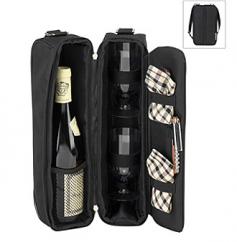 Durable 600 denier canvas material in black. Thermal shield insulated cooler compartment. Features adjustable backpack straps for comfort. Contains 2 glasses, napkins, and combination corkscrew. Dimensions: 8W x 3D x 14.5H in. Any wine connoisseur would enjoy keeping their favorite drink in the London Sunset Picnic Wine Tote. Whether it's Merlot or Madeira, your wine would be kept safely inside this zippered case. You can use it as a one-bottle carrier, or remove the two glasses to make it a two-bottle carrier. This stylish tote comes with napkins and a combination corkscrew. Its adjustable shoulder strap makes carrying it around convenient. Assembled in the U.S, this 600D canvas tote is built to last. About Picnic at AscotDay or evening, beachside or backyard, picnics are a favorite event. By introducing Americans to the British tradition of upmarket picnics over a decade ago, Picnic at Ascot created a niche for picnic products combining British sophistication with an American fervor for excitement and exploration. Known as an industry leader in the outdoor gift market, Picnic at Ascot houses a design staff dedicated to preserving the prized designs and premium craftsmanship signature to the company. Their exclusive products are carried only by selective merchants. Picnic at Ascot provides quality products that meet the demands of today, yet reflect classic picnic style.
