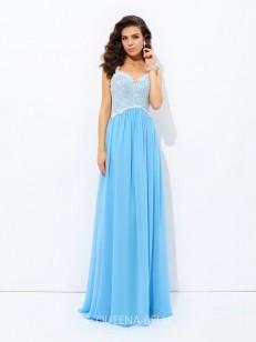 A-Line/Princess V-neck Sleeveless Lace Floor-length Chiffon Dresses