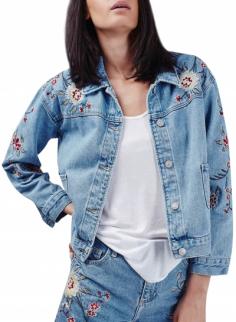 Button Down Embroidered Denim Jacket with Pockets