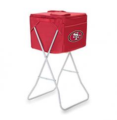 San Francisco 49ers party cooler with stand. This 49ers cooler is the lightweight, soft-sided portable party cooler that comes with a removable, collapsible stand so your drinks and/or snacks are accessible at a comfortable height. It comes with a removable, water-resistant interior divider that allows you to divide the cooler into two sections, each with its own access. Separate food from drinks or beverages by type. In the event there's no shade, you can insert a standard sized umbrella (not included) into the integrated slot to keep the cooler out of the sun. This cooler and stand can be used for backyard parties or as a refreshment stand at your child's soccer games. All licensed products have been approved by the team; however, Picnic Time is considered a designer line. The product color may not be an exact match to the team color.