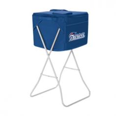 New England Patriots party cooler with stand. This Patriots cooler is the lightweight, soft-sided portable party cooler that comes with a removable, collapsible stand so your drinks and/or snacks are accessible at a comfortable height. It comes with a removable, water-resistant interior divider that allows you to divide the cooler into two sections, each with its own access. Separate food from drinks or beverages by type. In the event there's no shade, you can insert a standard sized umbrella (not included) into the integrated slot to keep the cooler out of the sun. This cooler and stand can be used for backyard parties or as a refreshment stand at your child's soccer games. All licensed products have been approved by the team; however, Picnic Time is considered a designer line. The product color may not be an exact match to the team color.