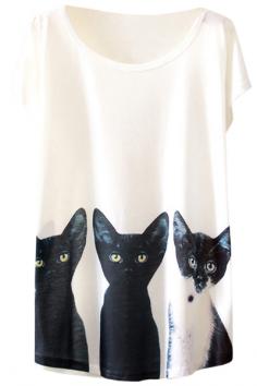 Round Neck Cat Pattern Cap Sleeve Loose Fit Tee OASAP.com