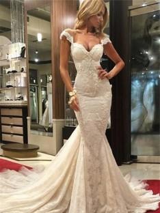 Trumpet/Mermaid Sleeveless Sweep/Brush Train V-neck Lace Wedding Dress