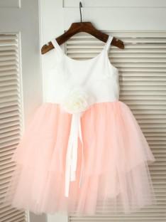 A-line/Princess Spaghetti Straps Floor-length Tulle Flower Girl Dresses with Hand-made Flower
