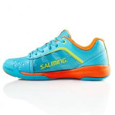 Salming Adder Junior squash shoe Turquoise Shocking Orange left view