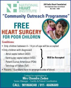 Under its “#CommunityOutreachProgramme”, National Heart Institute (NHI) / All India Heart Foundation (AIHF) is accepting Children between 5 – 15 years of age, belonging to poor socio-economic strata for ‘Free Cardiac Surgery /Intervention’.

Parents / Guardian of Children can contact for registration to:
Mrs Chandra Zadoo
Senior Manager – Facility & Patient Coordination
Tel: 011-46606600
Mobile: 9810684340
http://bit.ly/2Z9wvQs
#NationalHeartInstitute #AllIndiaHeartFoundation #FreeCardiacSurgery