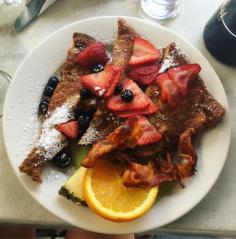 Challah bread French toast with berries and bacon from Harefield Road