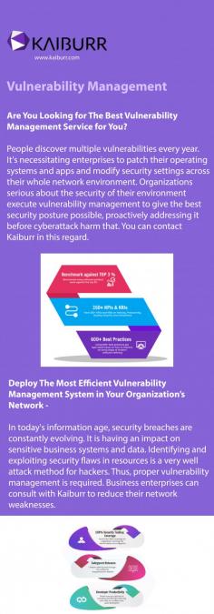 People discover multiple vulnerabilities every year. It's necessitating enterprises to patch their operating systems and apps and modify security settings across their whole network environment. Organizations serious about the security of their environment execute vulnerability management to give the best security posture possible, proactively addressing it before cyberattack harm that. You can contact Kaiburr in this regard. For more info visit here: https://www.kaiburr.com/