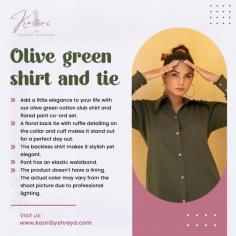 Upgrade your wardrobe with our Olive Green Shirt and Tie set. The rich olive hue adds sophistication to any occasion. Crafted for both comfort and style, this combo is perfect for formal meetings or casual outings. Make a statement with this timeless ensemble. For more info visit here: https://www.kaoribyshreya.com/products/floral-back-tie-up-olive-green-shirt-pant