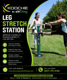Koochie Outdoor Fitness offers the Leg Stretch Station, a durable outdoor fitness unit designed to support flexibility, mobility, warm-ups, cool-downs, and lower-body stretching in parks, schools, recreation areas, and community wellness spaces. It helps users improve range of motion, reduce stiffness, and support better movement as part of an active outdoor fitness routine. For inquiries, call (847) 701-5190.