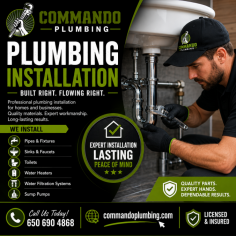 Looking for expert plumbing installation in Redwood City? Commando Plumbing provides high-quality installation services for homes and businesses, ensuring every project is completed with precision and care. Whether you need new pipes, faucets, sinks, toilets, water heaters, garbage disposals, or complete plumbing systems installed, our skilled plumbers deliver reliable solutions built to last. We use quality materials, modern techniques, and industry best practices to ensure optimal performance and efficiency. From new construction projects to remodeling and upgrades, trust Commando Plumbing for professional plumbing installation services at competitive rates. Call 650-690-4868 or visit commandoplumbing.com to schedule your installation service today.