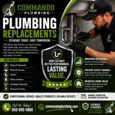 Are old or damaged plumbing fixtures causing problems in your home or business? Commando Plumbing provides professional plumbing replacement services in Redwood City, helping property owners improve efficiency, reliability, and performance. We replace outdated pipes, faucets, sinks, toilets, water heaters, garbage disposals, and other plumbing components using high-quality products and expert installation techniques. Replacing worn-out plumbing can help prevent leaks, reduce water waste, and avoid costly repairs in the future. Whether you're renovating, upgrading, or dealing with aging plumbing systems, Commando Plumbing delivers dependable service, honest pricing, and lasting results. Call 650-690-4868 or visit commandoplumbing.com to schedule your plumbing replacement service today.