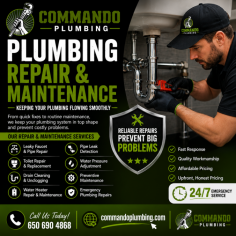Need reliable plumbing repair and maintenance in Redwood City? Commando Plumbing offers professional solutions to keep your plumbing system operating efficiently year-round. Our experienced plumbers handle everything from leaky faucets, clogged drains, pipe repairs, and toilet issues to water heater maintenance and emergency plumbing repairs. Regular maintenance helps prevent costly breakdowns, improves system performance, and extends the life of your plumbing fixtures. Whether you need a quick repair or a comprehensive maintenance service, Commando Plumbing delivers prompt response times, quality workmanship, and affordable pricing. Call 650-690-4868 or visit commandoplumbing.com to schedule your plumbing repair and maintenance service today.