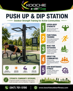 Koochie Outdoor Fitness offers the Push Up and Dip Station, a bodyweight-focused outdoor fitness unit designed for functional upper-body training. It supports push-up and dip movements that help strengthen the chest, shoulders, arms, and core while encouraging balance, control, and circuit-style outdoor workouts. For inquiries, call (847) 701-5190.