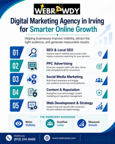 WebRowdy helps businesses grow online with digital marketing services designed to improve visibility, attract the right audience, and generate measurable results. As a digital marketing agency in Irving, WebRowdy offers SEO, PPC, social media marketing, content marketing, reputation management, web development, and data-driven strategies to support long-term business success. For inquiries, call (972) 314-9400.