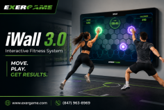 Experience movement-powered gaming with iWall 3.0 from Exergame Fitness. This interactive fitness system uses motion-sensing technology to turn the player’s body into the game controller, supporting cardio, coordination, balance, endurance, and engaging multiplayer workouts for different ages and fitness levels. Call (847) 963-8969 to learn more.