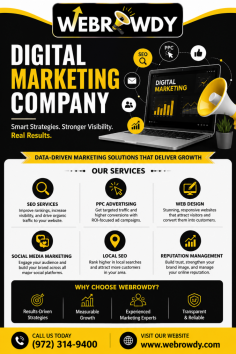 WebRowdy is a trusted digital marketing company helping businesses improve online visibility, attract qualified leads, and increase conversions. Its services include SEO, PPC, web design, local marketing, and growth-focused digital strategies designed to deliver measurable, long-term results. Call (972) 314-9400 to learn more.