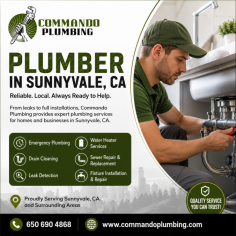 Need a trusted Plumber in Sunnyvale, CA? Commando Plumbing provides fast, professional, and affordable plumbing solutions for residential and commercial properties throughout Sunnyvale and nearby areas. Whether you're dealing with a leaking pipe, clogged drain, water heater issues, sewer line repairs, fixture installations, or require emergency plumbing services, our experienced plumbers deliver quality workmanship and dependable service. We are committed to prompt response times, transparent pricing, and long-lasting plumbing solutions that keep your home or business running smoothly. Contact Commando Plumbing today at 650-690-4868 or visit www.commandoplumbing.com to schedule your plumbing service with a local team you can trust.