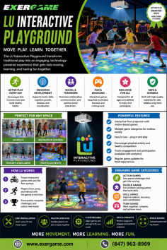 Exergame Fitness offers the LU Interactive Playground, an engaging technology-based play solution designed to turn physical activity into an exciting learning experience. With interactive games, motion-based challenges, and immersive digital play, it helps schools, recreation centers, and activity spaces encourage movement, teamwork, coordination, and active participation. Call (847) 963-8969.