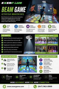 Exergame Fitness offers the Beam Game, an interactive floor activity solution designed to make movement fun, engaging, and active for kids and users of all ages. With motion-based games and immersive floor projection, it helps support coordination, balance, reaction time, and physical activity in schools, recreation centers, therapy spaces, and fitness facilities. Call (847) 963-8969.